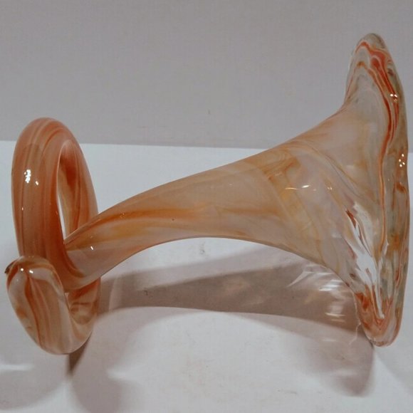 Vintage Orange, White & Clear Art Glass Tulip Trumpet Vase Swirl Coiled Base - Picture 2 of 6